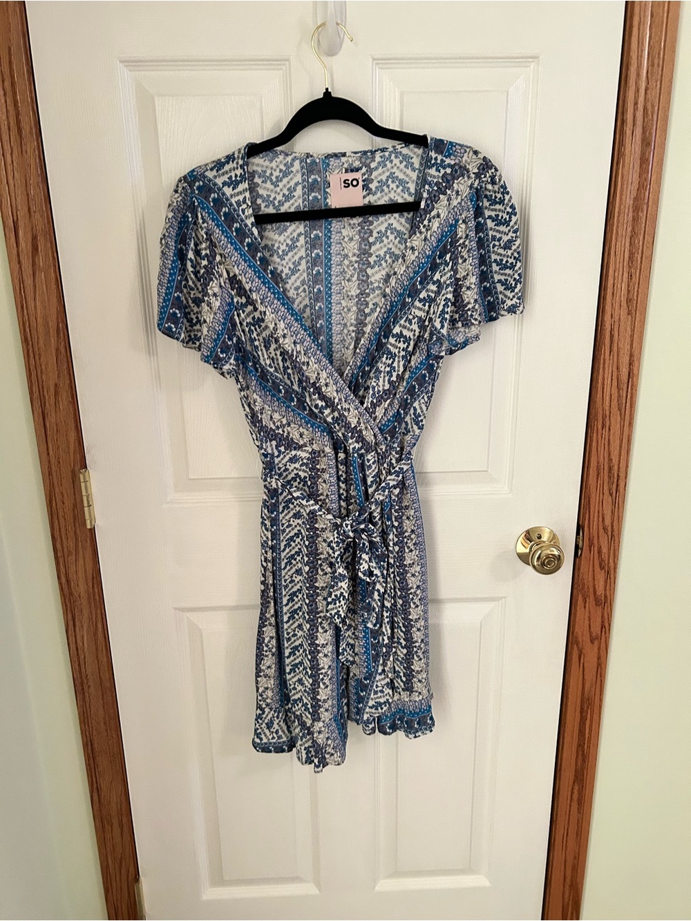 SO Blue and White Printed Wrap Dress